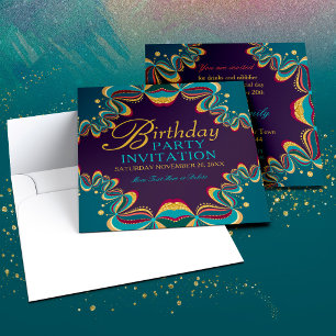 Invitation Turquoise Bourgogne Or Doré Bohème Tribal Dentelle