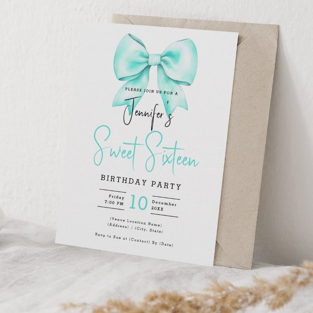 Invitation Turquoise Bow Coquette Joli Script Sweet 16 (Turquoise Bow Coquette Cute Script Sweet 16 Invitation)