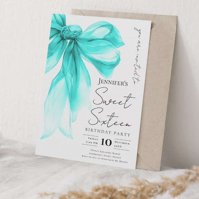 Invitation Turquoise Bow Coquette Script Sweet 16 Party  (Turquoise Bow Coquette Script Sweet 16 Party Invitation)