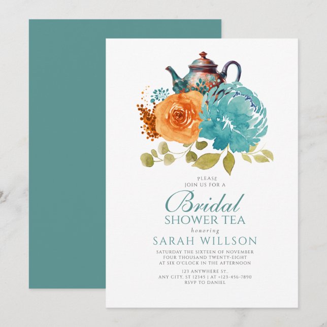 Invitation Turquoise Brûlé Orange Chute Floral Fête des marié (Devant / Derrière)