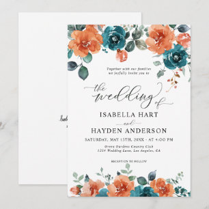 Invitation Turquoise Burange Boho Floral Aquarelle Mariage