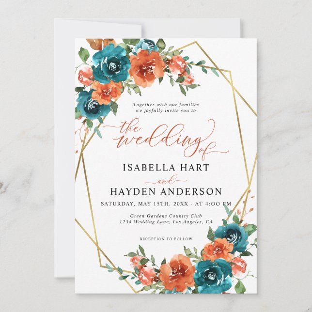 Invitation Turquoise Burange Floral or Boho Mariage (Devant)