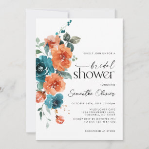 Invitation Turquoise Burange Orange Floral Moderne Mariage de