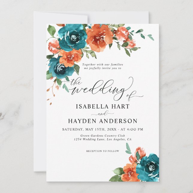 Invitation Turquoise Burange Rustique Floral Aquarelle Mariag (Devant)