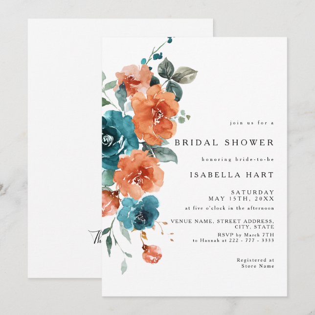 Invitation turquoise Burnt Orange Floral (Devant / Derrière)