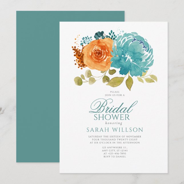 Invitation Turquoise Burnt Orange Terracotta Floral douche nu (Devant / Derrière)