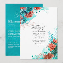 Invitation Turquoise classique et Mariage floral corail