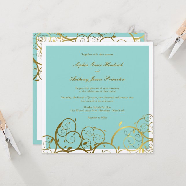 Invitation Turquoise & Classy Golden Spirals Mariage élégant (Devant/Arrière en situation)