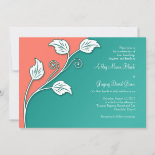 Invitation Turquoise, Corail Blanc Mariage de vigne feuillus