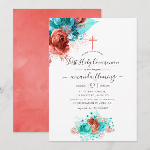 Invitation Turquoise & Corail Floral Aquarelle Première Saint