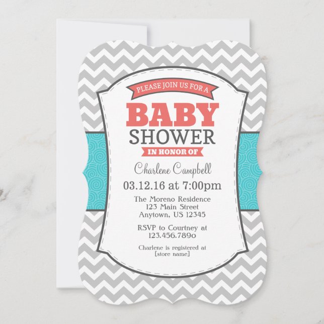 Invitation Turquoise Coral Grey Chevron Baby shower Invitatio (Devant)