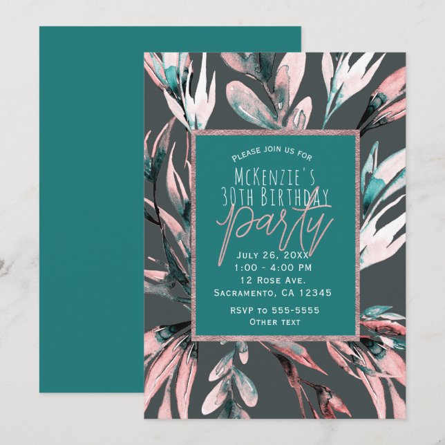 Invitation Turquoise Coral gris aquarelle Botanique Glam Part (Devant / Derrière)
