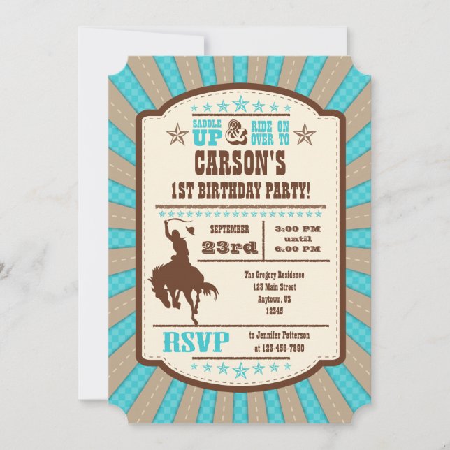 Invitation Turquoise Cowboy Rodeo Anniversaire Fête Invitatio (Devant)