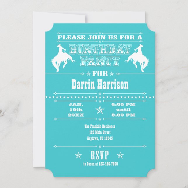 Invitation Turquoise Cowboy Rodeo Anniversaire Fête Invitatio (Devant)