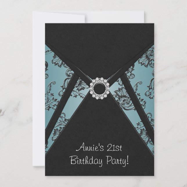 Invitation Turquoise Damask Black 21e anniversaire de fête In (Devant)