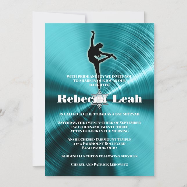 Invitation Turquoise Dance Danser Bat mitzvah (Devant)
