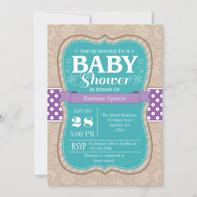 Invitation turquoise de Baby shower Floral Violet (Devant)