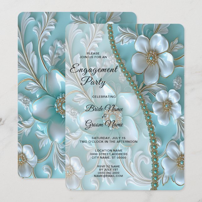 Invitation turquoise de Fiançailles Floral Blanc (Devant / Derrière)