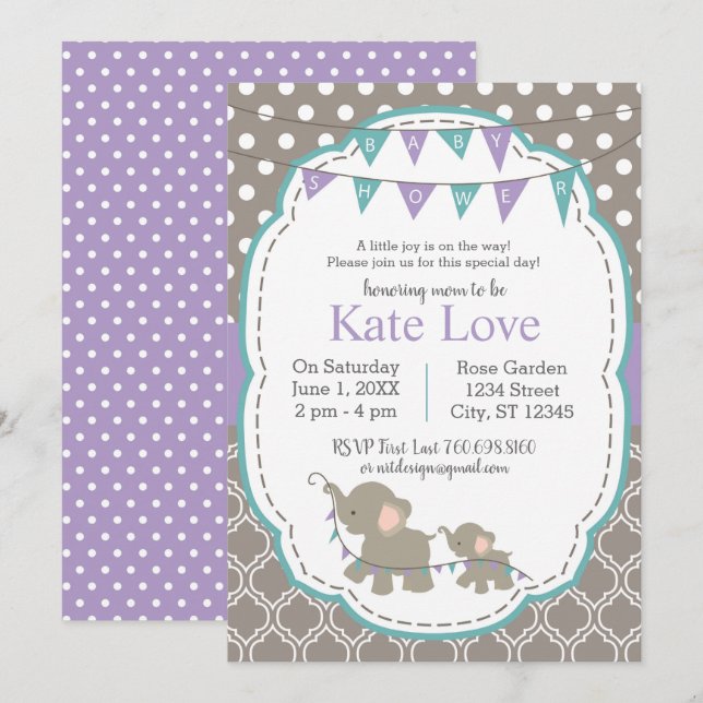 Invitation Turquoise de la lavande Baby shower élé (Devant / Derrière)