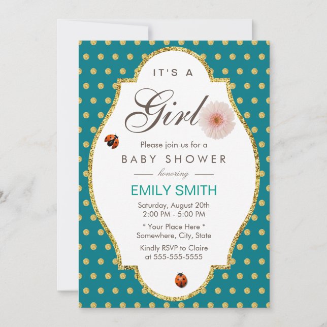 Invitation Turquoise Dots Or Daisy & Baby shower fille Ladybu (Devant)