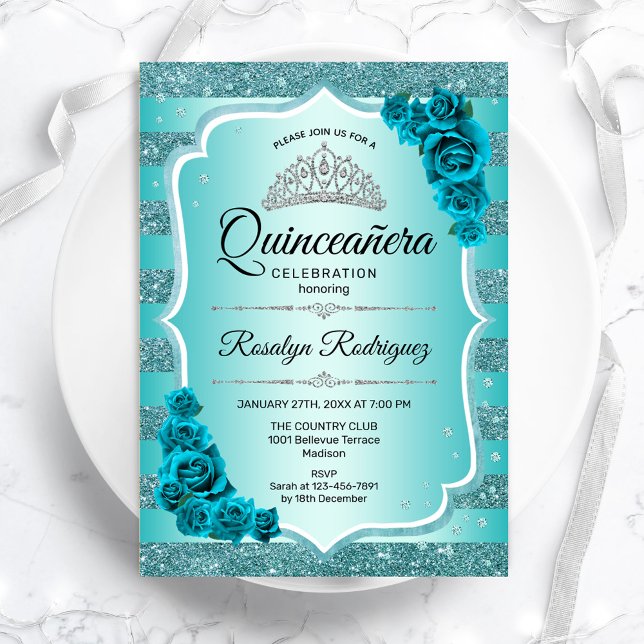 Invitation turquoise Elegant Floral Quinceanera (Créateur téléchargé)