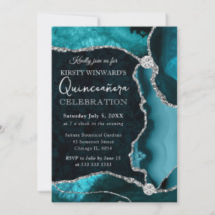 Invitation Turquoise et Argent Fausse Glitter Agate Quinceane