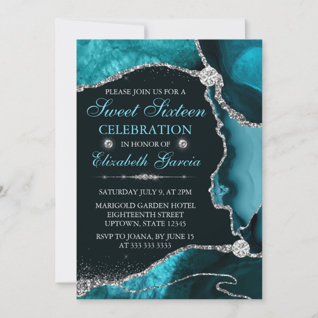 Invitation Turquoise et Argent Faux Parties scintillant Agate (Devant)