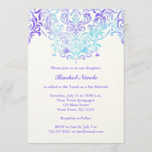 Invitation Turquoise et bat mitzvah pourpre de damassé