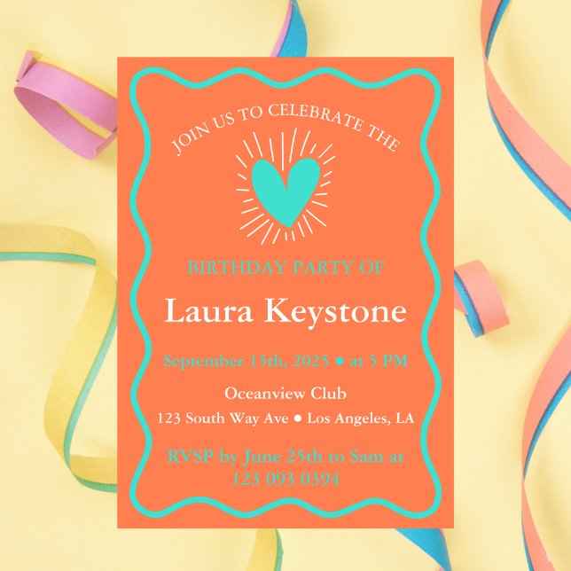 Invitation Turquoise et Corail Retro Vastes (Créateur téléchargé)