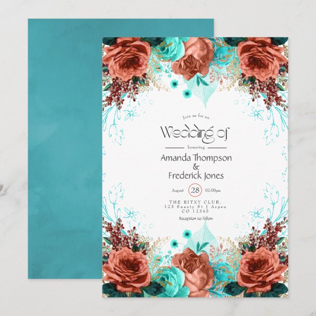 Invitation Turquoise et corail Rustique Floral Mariage Invita (Devant / Derrière)