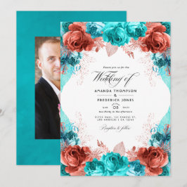 Invitation Turquoise et Corail Rustique Floral Mariage Photo 