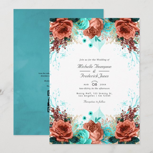 Invitation Turquoise et Corail Rustique Floral Mariage Photo  (Devant / Derrière)