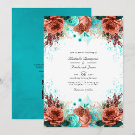 Invitation Turquoise et Corail Rustique Floral Mariage Photo 