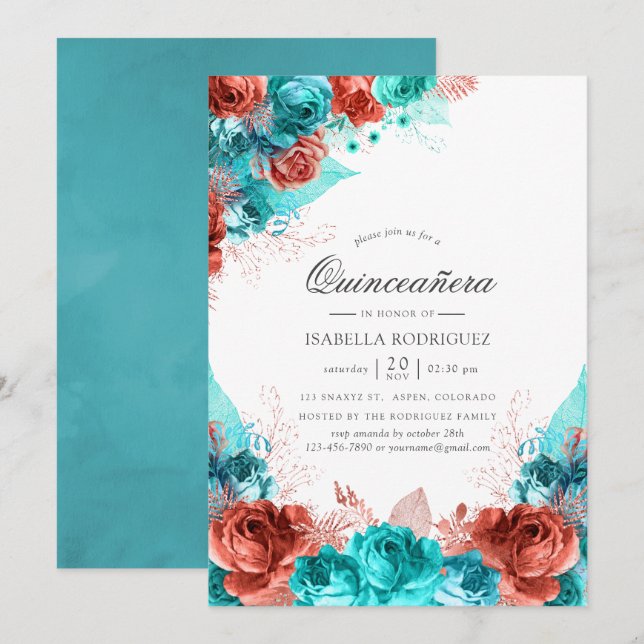 Invitation Turquoise et corail Rustique Floral Quinceañera (Devant / Derrière)
