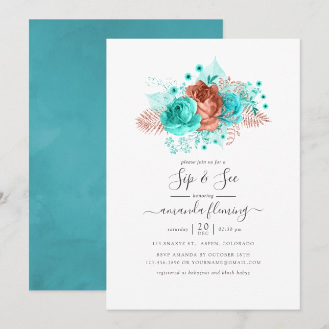 Invitation Turquoise et Coral Floral Sip et voir (Devant / Derrière)