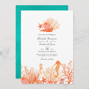 Invitation Turquoise et Coral QR Code RSVP Beach Wedding