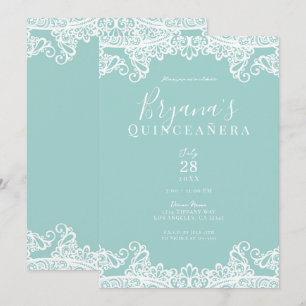 Invitation Turquoise et dentelle blanche, élégante fête de Qu