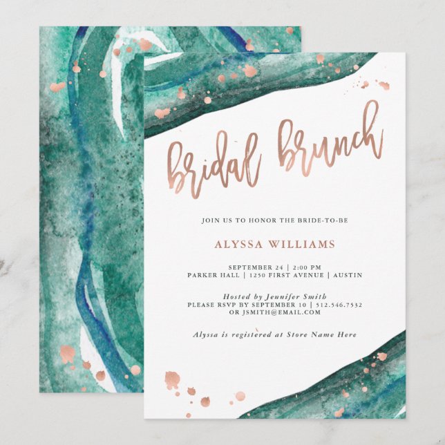 Invitation Turquoise et Faux Rose Gold Geode Bridal Brunch (Devant / Derrière)
