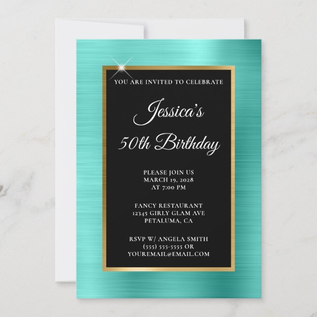 Invitation Turquoise et Gold Foil Noir 50e anniversaire (Devant)