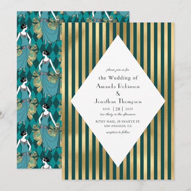 Invitation Turquoise et Gold Paris Art déco Mariage (Devant / Derrière)