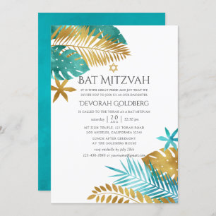 Invitation Turquoise et Gold Tropical Beach Bat mitzvah