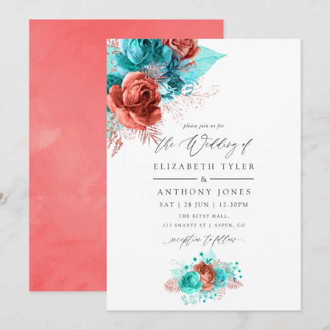 Invitation Turquoise et Mariage Floral de corail vivant (Devant / Derrière)