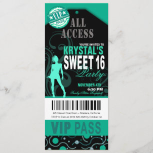 Invitation Turquoise et noir VIP Sweet 16 Ticket Party