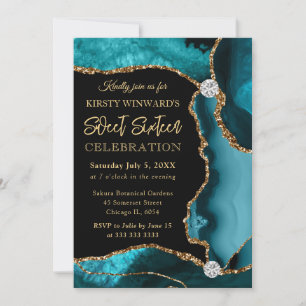 Invitation Turquoise et Or Faux Paillettes Agate Sweet 16