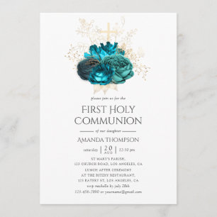 Invitation Turquoise et or Floral Première communion sainte