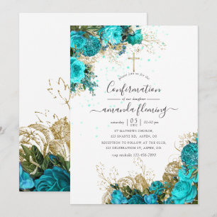 Invitation Turquoise et or floral vintage confirmation