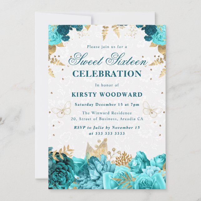 Invitation Turquoise et or Roses Floral Sweet sixteen Invitat (Devant)
