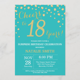 Invitation Turquoise et or Surprise 18e Anniversaire Diamant