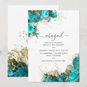 Invitation Turquoise et or Vintage Shabby Floral Anniversaire