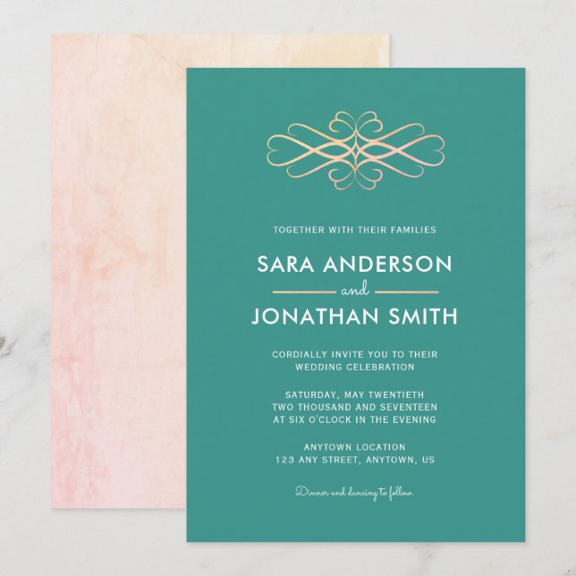 Invitation turquoise et Orange Mariage Swirl (Devant / Derrière)